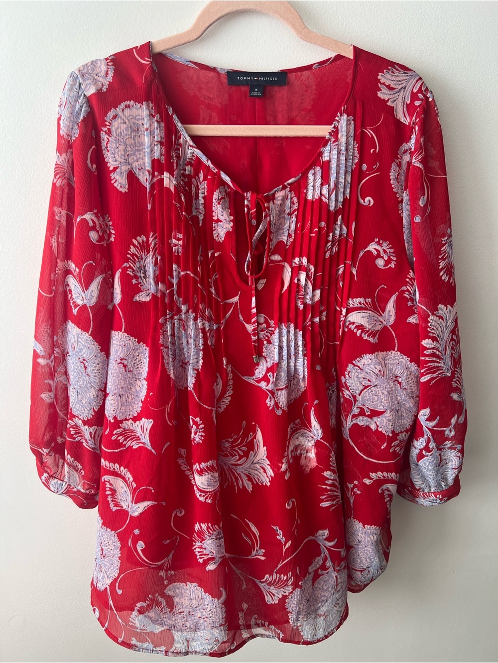 Tommy Hilfiger Red Floral Pintuck Tie-Neck Tunic
